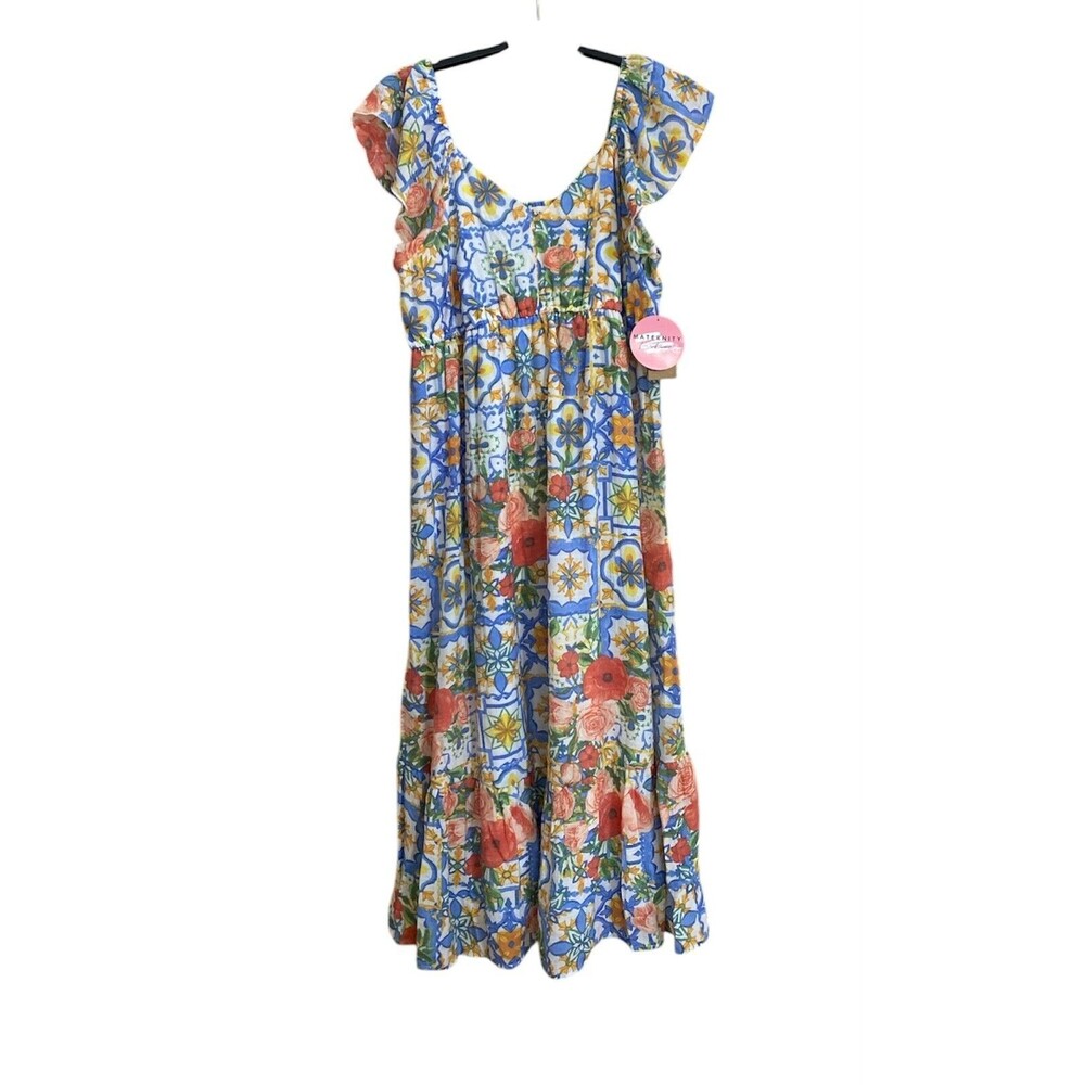 Just Found Maternity Dress Womens XL Blue Floral Tile Print Midi Smocked Boho